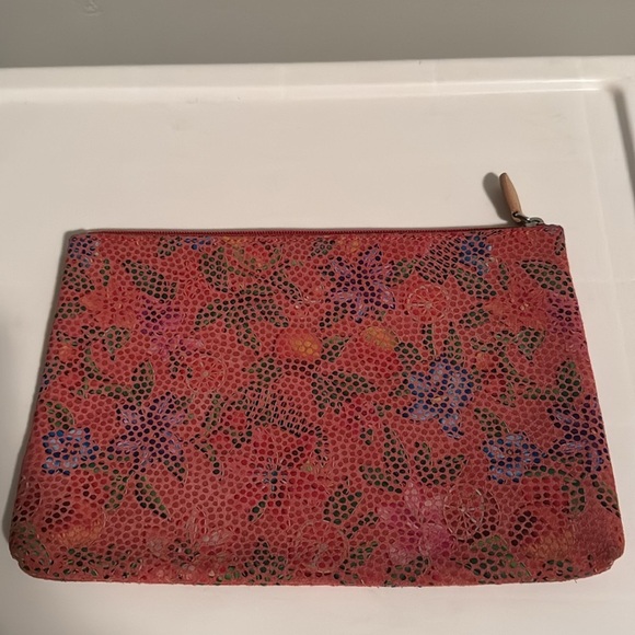 LODIS Leather Pouch Womens Pink/Multi Floral Zip top makeup bag Cords Travel - Picture 3 of 7